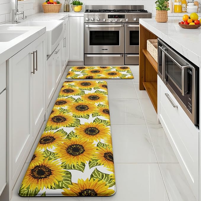 MAYHMYO Sunflower Kitchen Decor Mat Set, 2PC Kitchen Mats, Anti Fatigue | Sunflower Pattern,Yellow docor,Cushioned comfort,Non-slip backing,Easy to clean,Water-resistant,Kitchen,Laundry