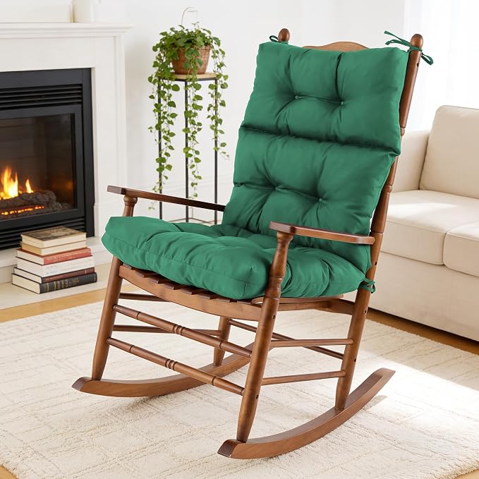 Rocking Chair Cushion, Waterproof and Fade-Resistant Adirondack Rocker Cushions, Indoor/Outdoor Rocking Chair Pads, High Back Memory Foam Patio Furniture Cushions with Ties, 44x23x4 Inch, Dark Green