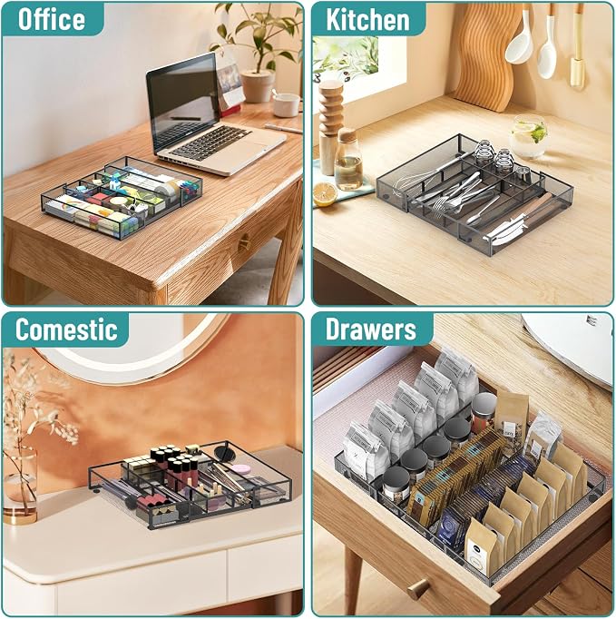 2 Pack Expandable Desk Drawer Organizer Tray with 10 Adjustable Compartments Metal Mesh Office Drawer Organizer for Home, School Supplies, Makeup Vanity & Jewelry (Black)