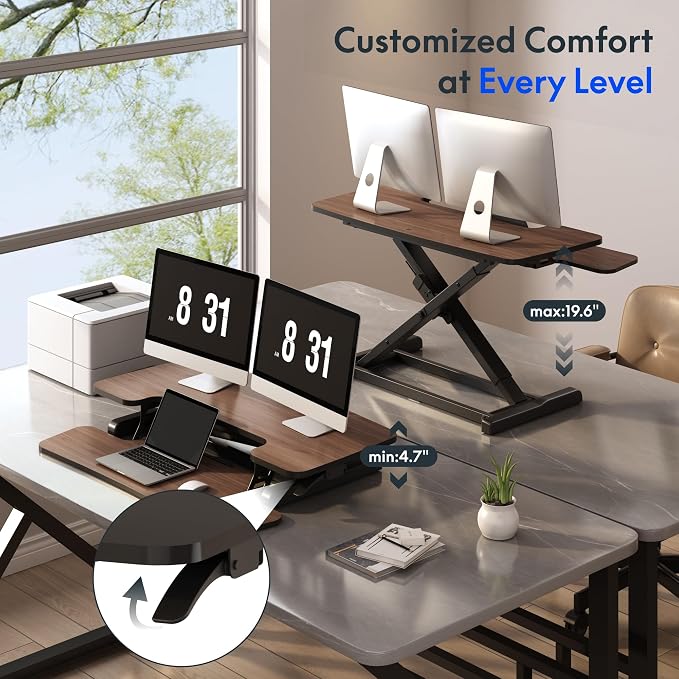 FLEXISPOT Standing Desk Converter 42" Premium Large Desk Riser for Triple Monitor, Spacious Desktop Sit Stand Workstation with Ergonomic Height Adjustment, Modern Stand Up Desk Riser, Walnut