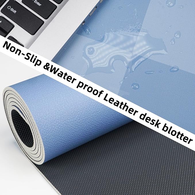 AFIING Light Blue Desk Mat 31.5" x 12", Waterproof PU Leather Desk Pad | Non-Slip Rubber Base, Easy Clean Surface, Desk Protection, Office & Home