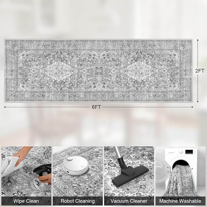Grey Washable Vintage Runner Rug, 2x6 Boho Bedroom Area Rugs, Soft Non Slip Floral Entryway Carpet Runners, Indoor Low Pile Carpets for Kitchen Hallway Bedside