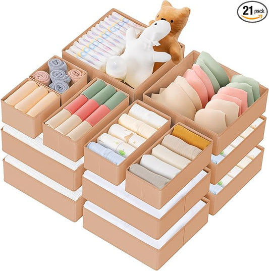Criusia Drawer Organizer Clothes, 21 Pack Dresser Organizer for Baby Clothes, Underwear, Sock - Foldable Closet Organization and Storage Dividers Bins for Nursery, Bedroom (Brown)