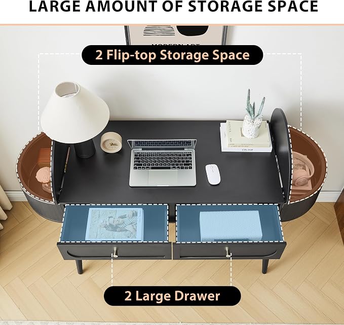 AVZEAR 59" Oval Fluted Home Office Desk, Mid Century Modern Computer Desk Wood Writing Desk with 2 Drawers + 2 Flip Storage, Farmhouse Vanity Table Executive Desk for Study, Living Room, Dorm(Black)