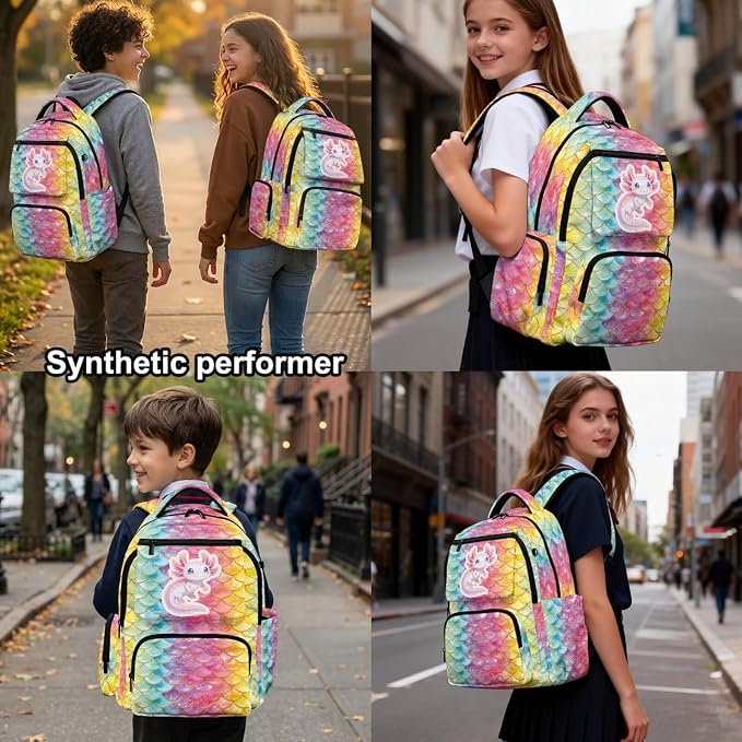 WELLFLYHOM Axolotl Scales Multi Pockets Backpack for School Kids Girls Junior High Middle School 17 Inch Book Bag with Insulated Lunch Bag Cute Pencil Case Water Bottle