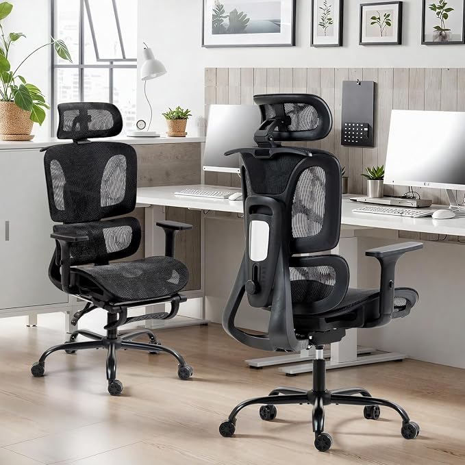 Black Ergonomic High Back Mesh Office Chair with Footrest | Adjustable Lumbar Support, 3D Armrests, Headrest, 135° Reclining, Swivel, Home Office