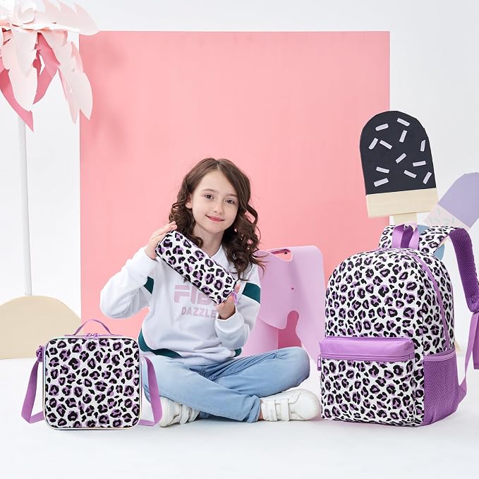 Backpack for Girls Backpack for School 8-10 Kids Backpacks with Lunch Box Leopard Print Schoolbag for Kids