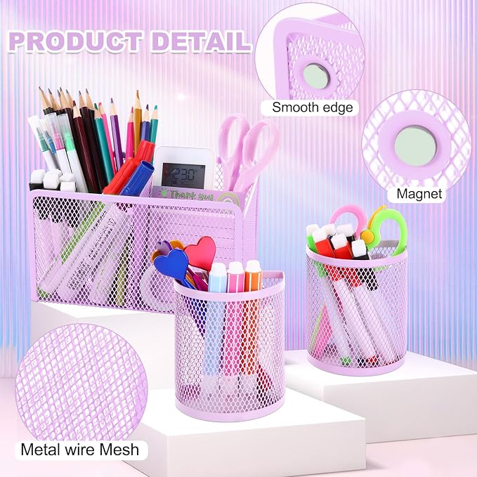 Sherr 3 Pcs Magnetic Pen Pencil Holder Set Magnets Wire Mesh Marker Holder Storage Basket for Locker Accessories Classroom Whiteboard Refrigerator and Home Wall, Macaron Color(Purple)