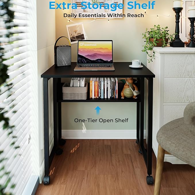 GreenForest Folding Desk Small Rolling Desk with Storage Shelf,24.8 inch Foldable Computer Desk with Wheels for Small Space,Easy Assembly,Black
