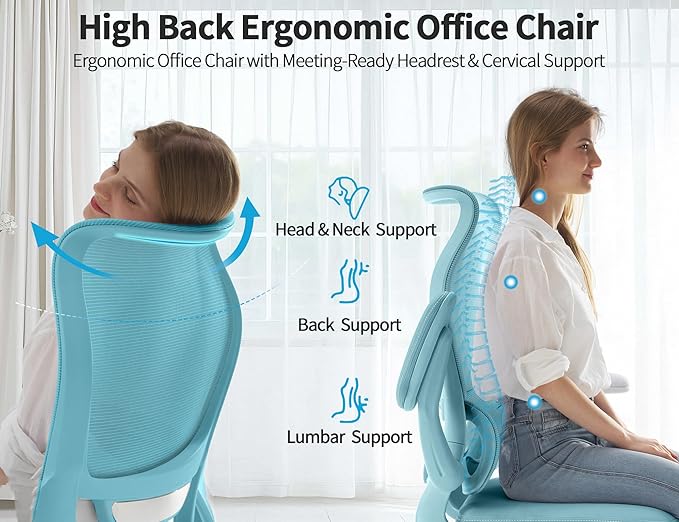 TRALT Ergonomic Office Chair- Desk Chair with Adjustable Lumbar Support | Big and Tall Back Ergonomic Desk Chair - Home Office Mesh Chairs and PU Leather Seat for Home Reading to Adults(Blue)
