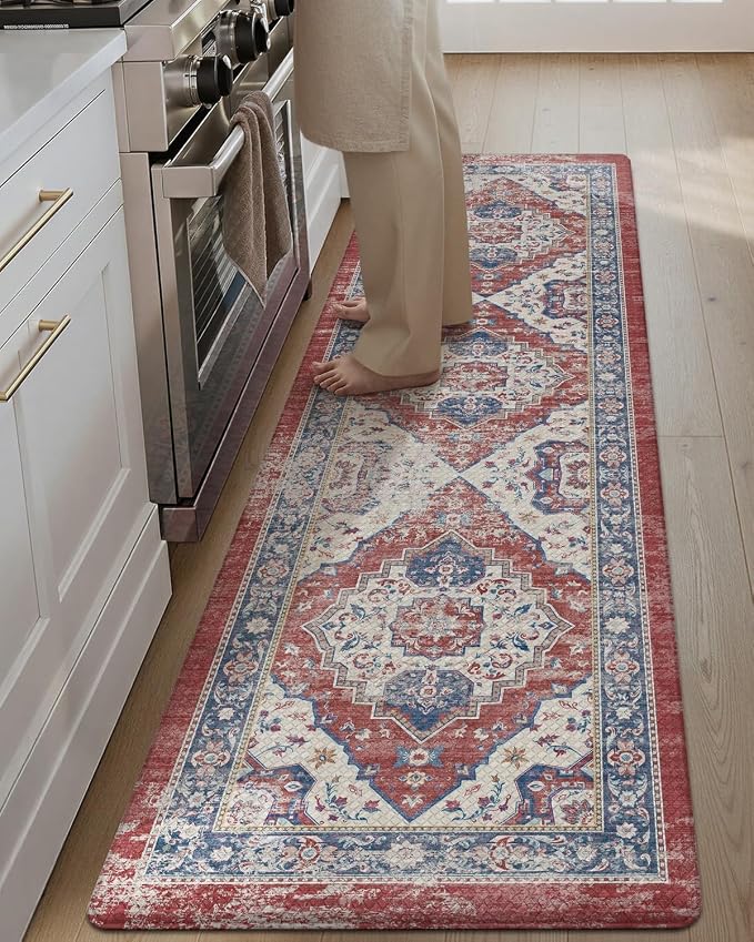 Color&Geometry Kitchen Mat for Floor 24x87 Faded Vintage Anti Fatigue, Red | 0.4in Cushion Standing Mat For Cooking/Working/Laundry, Boho Decor, Non Slip PVC Kitchen Rug, Oil/Water Proof, Anti Slip