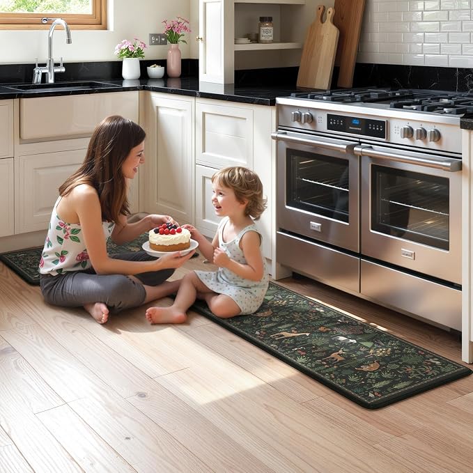 KIMODE Kitchen Mats for Floor Cushioned Anti Fatigue, Kitchen Rug Sets of 2 | 17.3"x47"+ 17.3"x29",Black,Farmhouse Animal Forest Kitchen Rugs Non Slip,Memory Foam Kitchen Standing Mat Laundry Sink Office