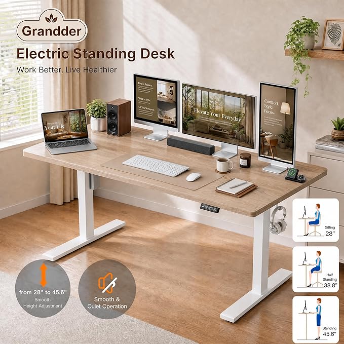 Grandder 55x32 Large Electric Standing Desk, Height Adjustable Computer Desk with 2 Memory Presets, 31.5" Deep Desktop Sit Stand Desk Home Office Desk Workstation Table with Hooks, Maple