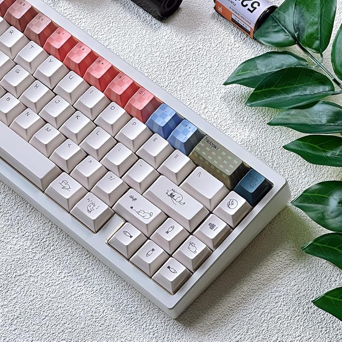 PBT Cat Keycaps, White Minimalist Keycap, 163 Keys Cherry Profile Keyboard Keycaps Set, Cute Cat Dye-Sublimation Custom Key Caps for Cherry MX Switches Mechanical Gaming Keyboard