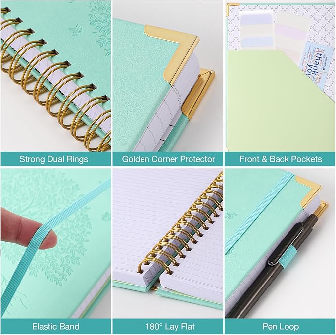 Spiral Notebook Bullet Dotted Journal, 300 Pages Thick No Bleed Paper Hardcover Journaling Notebooks, Leather Dot Grid Notebook for Planning, Lay Flat Large Notebook for Women Men, A5 Notebook, Green
