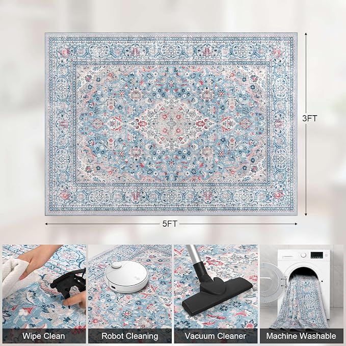 Blue Washable Boho Area Rug for Bedroom, 3x5 Vintage Floral Non Slip Rugs, Soft Low Pile Indoor Mat, Aesthetic Pattern Carpet for Living Room, Kitchen, Dining Room and Bedside