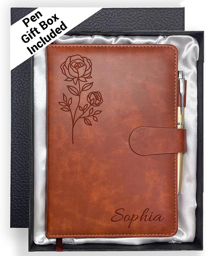 Personalized Leather Journal with Gifts Box & Pen, Custom Notebooks Diary with Engraved Birth Flower Name, Birthday Gifts for Women, Christmas Office Gift for Bridesmaid Students Teacher Mom Friend