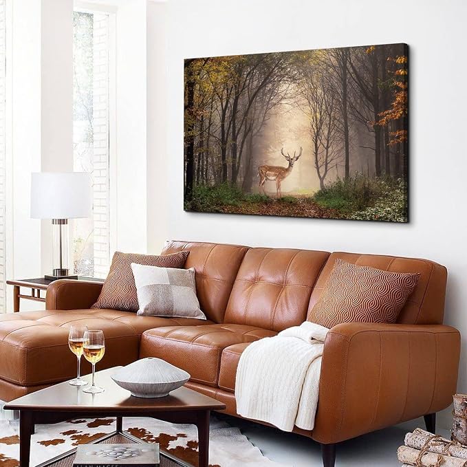 Wild Animal Landscape Canvas Wall Art Deer in Autumn Foggy Forest Picture Wall Decor Elk Wildlife Scenery Photo Prints Painting Decoration for Modern Living Room Bedroom Bathroom Home Art 32x48 Inch