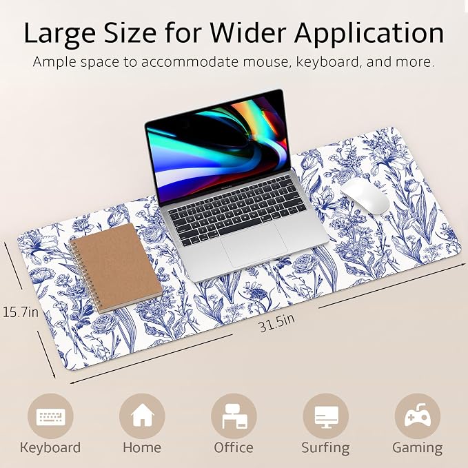 Mouse Pad Leather Desk Mat Large Keyboard Cute Office Desktop Computer Laptop XXL Long Big Aesthetic Modern Design Women Girls Gaming Gamer Oversized Wide Mousepad 31.5"x15.7", Blue Flower