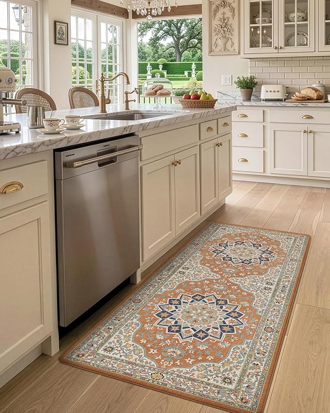 DEXI Kitchen Floor Mats Cushioned Anti Fatigue Runner Rug 23x59 Orange | Soft Comfort Memory Foam, Easy Care, Waterproof, Standing Padded for Front Sink Laundry Office Farmhouse