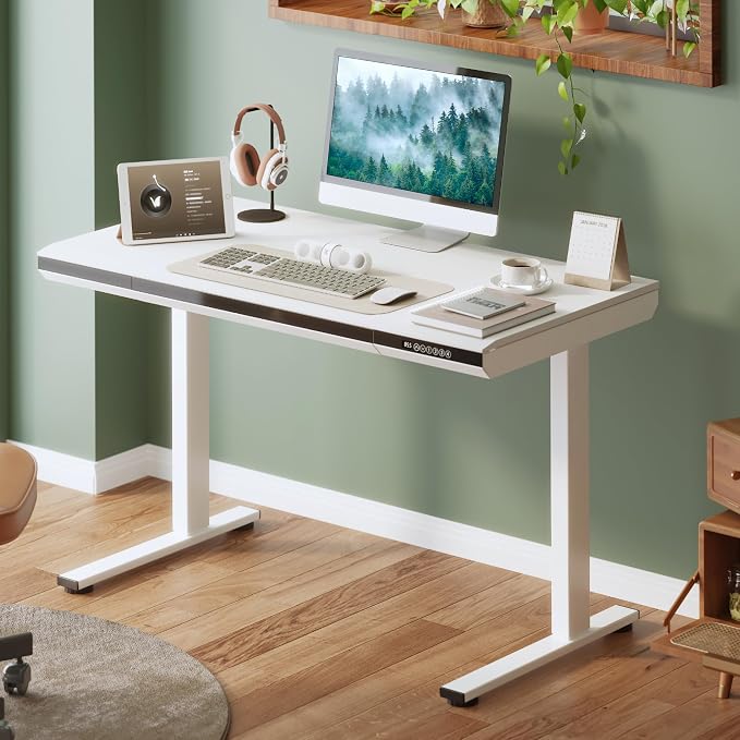 SANODESK 48" One-Piece Standing Desk with Acrylic-Front Drawer, Fast-Assembly Ergonomic Sit-to-Stand Desk with MDF Top, 4 Height Memory Presets Touch-Control, Home Office Computer Workstation, White