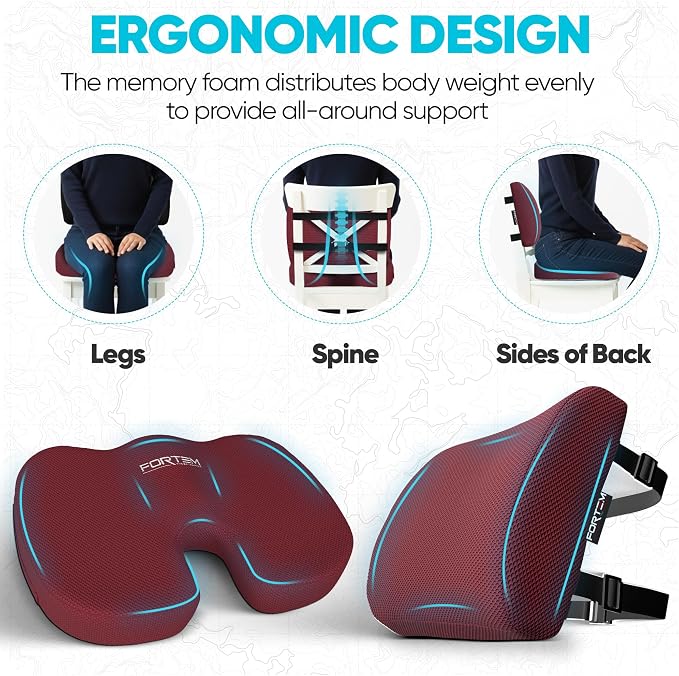 FORTEM Seat Cushion, Office Chair Cushion, Lumbar Support Pillow for Office Chair, Memory Foam Car Seat Cushions, Sciatica Coccyx Tailbone Pain Relief, Cushions for Back Support, Washable, Non Slip