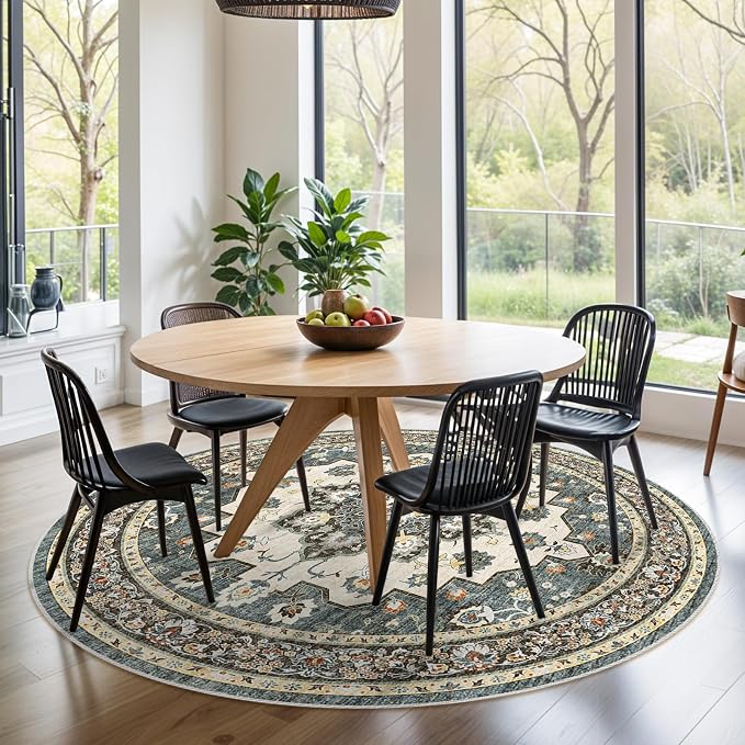 TOPRUUG Washable Oriental Area Rug - 6ft Round Rugs for Living Room Soft Carpet for Bedroom Waterproof Floral Distressed Indoor Stain Resistant Non-Shedding Floor Carpets (Blue, 6ft-Round)