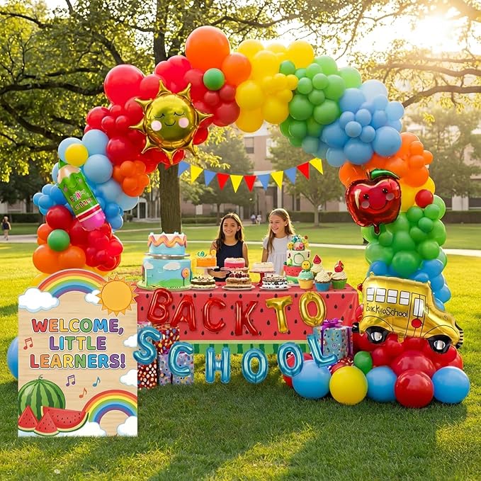 140 Pcs Red Blue Yellow Green Back to School Balloon Garland Arch Kit | Includes letter banner, rainbow pencil, school bus, sun and apple foil balloons ,Kindergarten Graduation Decorations