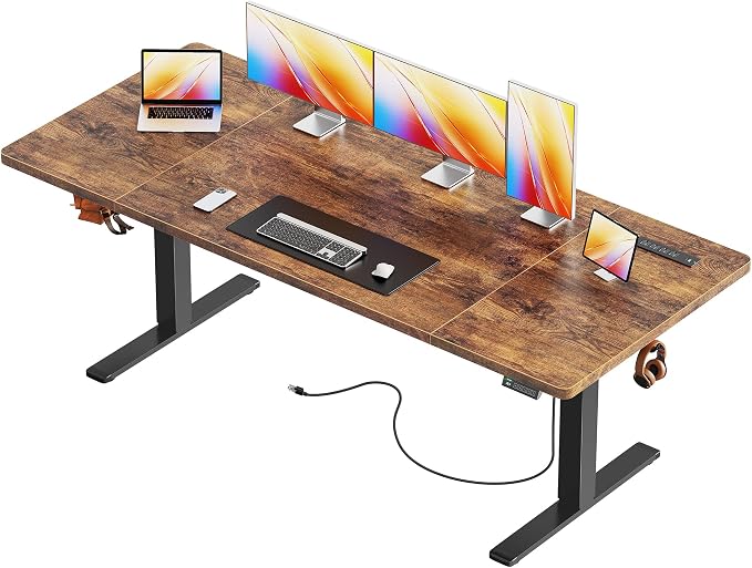 Huuger 71 X 30 Inch Electric Standing Desk with Power Outlets and USB-C Port, Height Adjustable Desk, Sit Stand Desk for Home Office, Computer Desk with 4 Presets, Stable Steel Frame, Rustic Brown