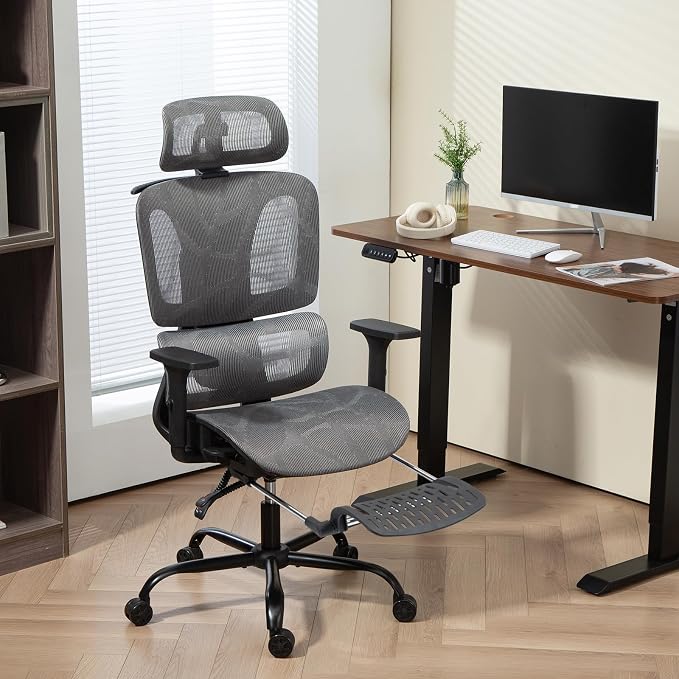 ECOTOUGE Grey Mesh Ergonomic High Back Office Chair with Footrest | Adjustable Lumbar Support, Headrest, Armrests, Reclining, Swivel, Rolling Casters, Sturdy Base, for Home Office & Gaming