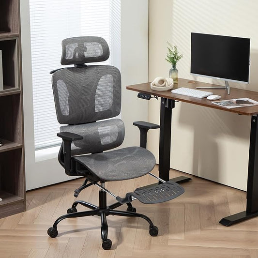 ECOTOUGE Grey Mesh Ergonomic High Back Office Chair with Footrest | Adjustable Lumbar Support, Headrest, Armrests, Reclining, Swivel, Rolling Casters, Sturdy Base, for Home Office & Gaming