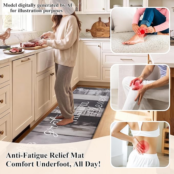 HEBE Anti Fatigue Kitchen Mat Set of 2, Cushioned Kitchen Mats for Floor | Non Slip Waterproof Kitchen Rug and Runner Set, Farmhouse PVC Foam Comfort Mat Floor Carpet for Sink, Standing Desk, Laundry