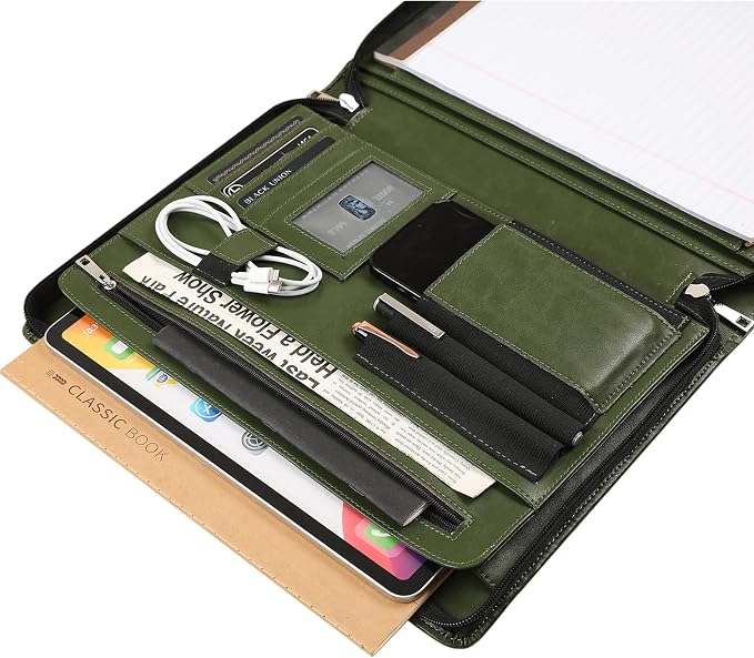 Vegan Portfolio for Men, Business Padfolio with Zipper, Vegan Leather Folio with A4 Writing Pad Holder Portfolio Organizer for Resume, Interview, Meeting - Green