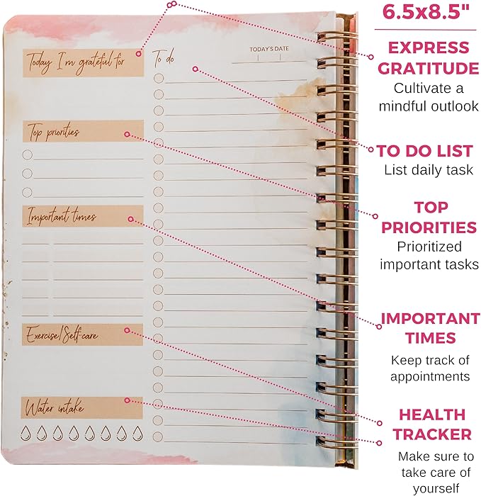 Paper 'n Such To Do List Notebook - Undated Daily Planner, Spiral Hardcover Notepad, College Essentials, Task Organizer Agenda Pad for Work, Notes and CheckList- Colorful Pink