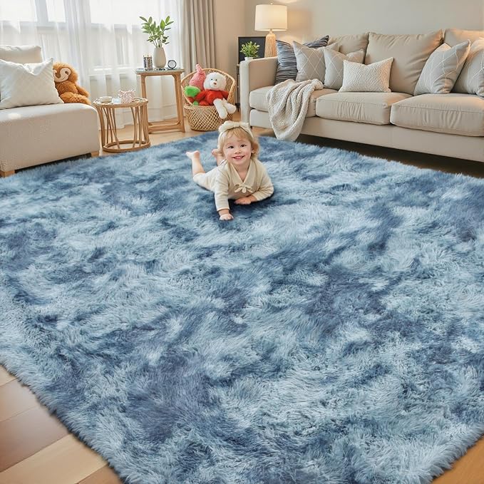 Rugs for Living Room 6x9, Alfombras para Salas Shag Large Plush Soft Area Rug, Shaggy Carpets for Bedroom, Home Decor Aesthetic (Dark Blue Tie-Dyed, 6 x 9 Feet)