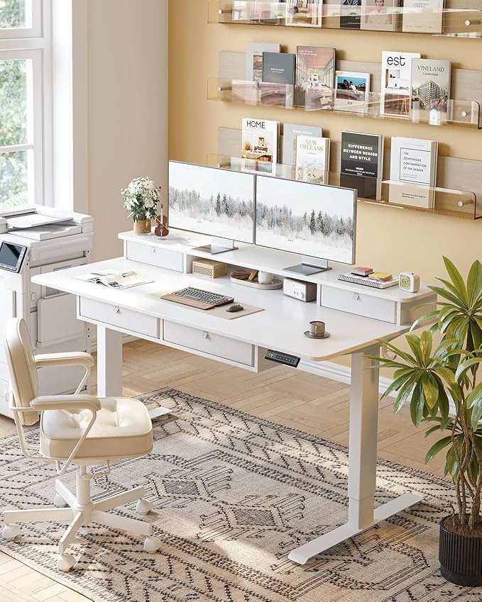 CubiCubi 55" x 30" Standing Desk with Drawers, Height Adjustable Electric Workstation, Computer Sit Stand Up Table with Large Storage Shelf 4 Drawers and 2 Hooks, White
