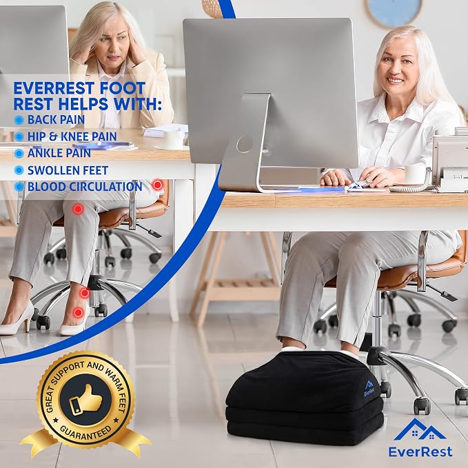 EverRest Under Desk Footrest for Office Use - Warmer Feet, 3 Adjustable Heights - Tall Ergonomic Foot Rest Stool for Gaming Chair, Computer - Leg Support for Work from Home
