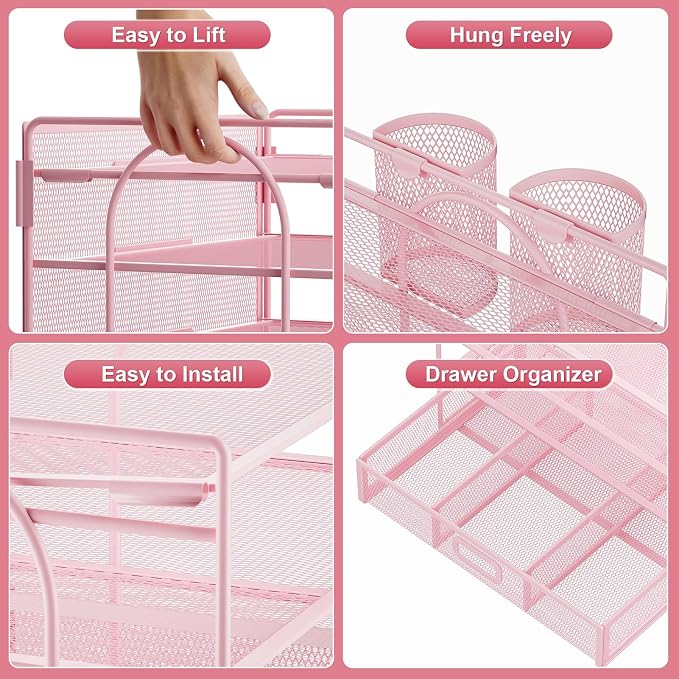 Marbrasse Desk Organizer, 4-Tier Paper File Letter Tray, Pink-2P | Sturdy Paper Tray, File Holder, Built-in Drawer, 2 Pen Slots, fits Letters/Files, for School Home Office Supplies