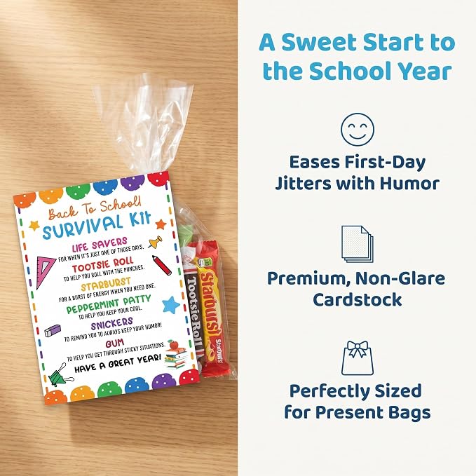 30 PCS Back to School Survival Kit,3.5x5 Inch Teacher Gift Insert Cards for Students,Back To School Student Treat Tags,First Day of School Classroom Welcome Supplies-BTSC02