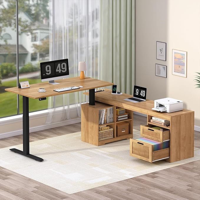 YOMILUVE 66 inch Fluted L Shaped Standing Desk with Storage for Home Office | Corner Electric Standing Desk with Drawers ＆ Storage Shelves, Height Adjustable Computer Desk with Power Outlets, Oak