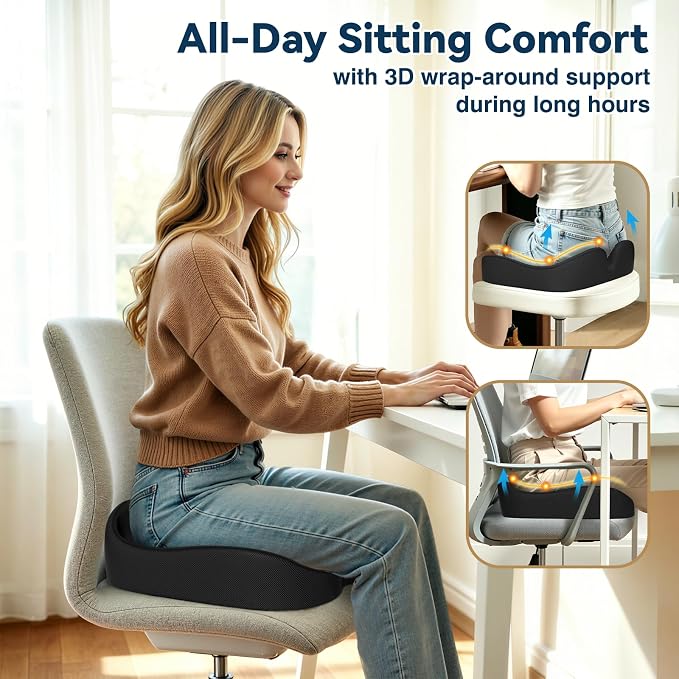 TushGuard 4-Zone Ergonomic Seat Cushion with Coccyx Cutout, Black | Office Chair Cushions for Tailbone Pain, Non-Slip Bottom, Breathable Washable Mesh, Versatile Use for Car, Office, Wheelchair