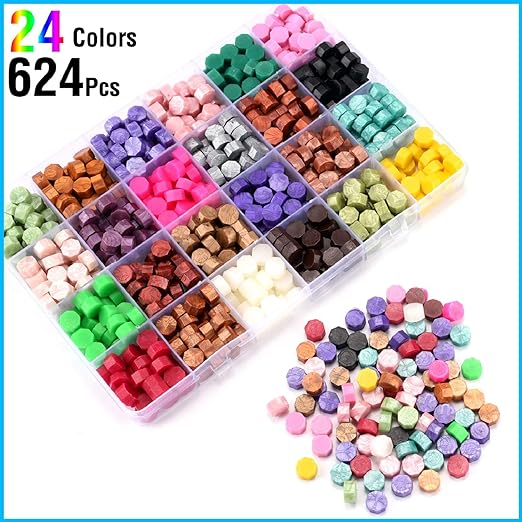 Wax Seal Stamp Kit - 24 Colors, 624 Pcs Stamp Beads, Sealing Wax Warmer, Metallic Pen & Envelope, Gift & Decoration Set