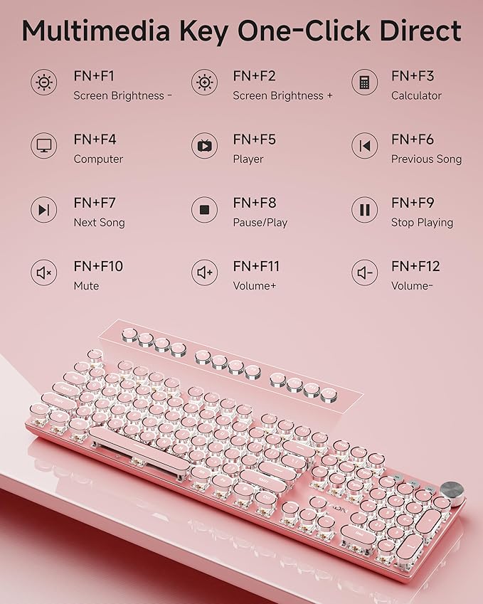 EWEADN Typewriter Style Mechanical Keyboard, Wired Typewriter Keyboards,104 Keys Backlit LED Metal Keyboards, Media Control Knob, Wired Computer Keyboard White Switch for Windows/Mac/PC-Dark Pink