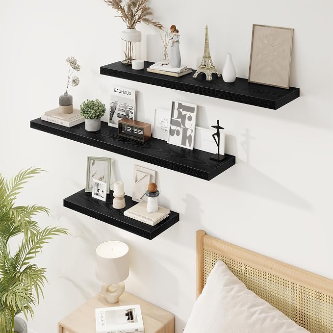 40in Floating Shelves for Wall, 40"W x 9.25"D x 1.25"H, 2 Pack Long Wall Mounted Engineered Wood Shelves with Invisible Brackets for Living Room, Bedroom, Bathroom, Kitchen Decor and Storage, Black