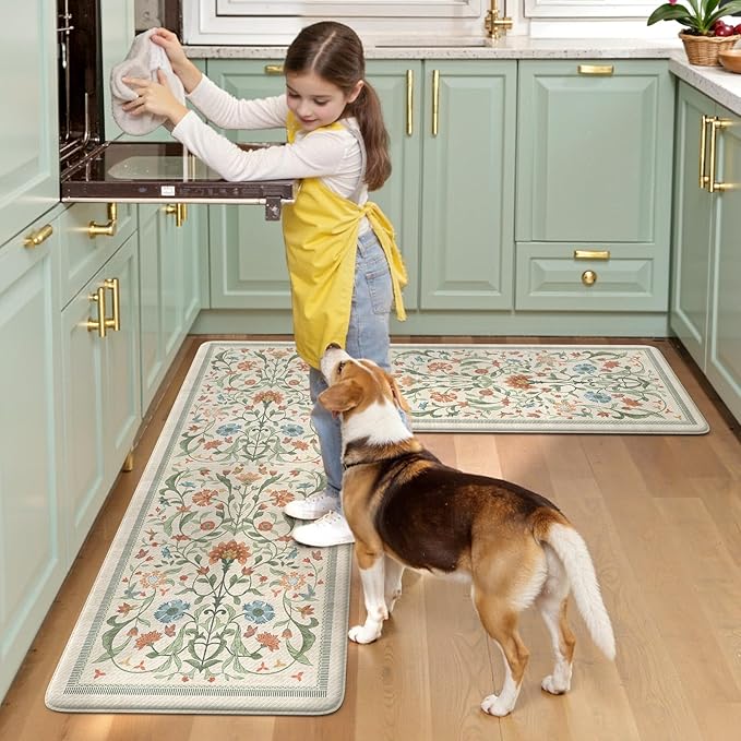 Collive Kitchen Mats for Floor, Cushioned Anti Fatigue Mat Floral Rugs 2 Piece Non Skid Waterproof Sink Rug, Memory Foam Comfort Standing Mat for Office, Laundry, Desk, 17.3"x29"+17.3"x47", Beige