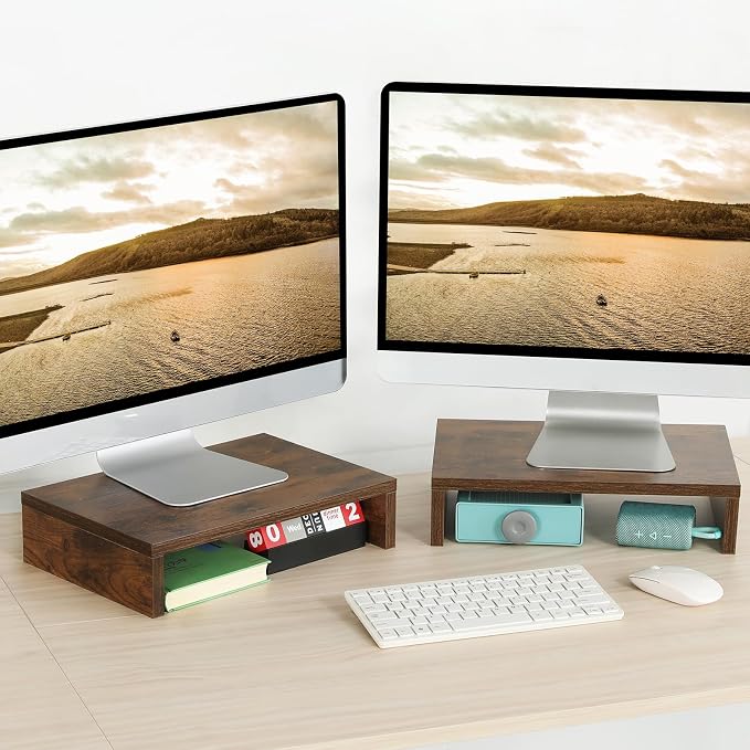 TEAMIX 2-Pack Wood Monitor Riser, Desk Stand for 2 Monitors, Rustic Brown | Holds 80Lbs, Stacked/Separate Use, 2 Tier Adjustable, Use as Laptop/TV Riser, Computer Stand for Home Office Desk, Gaming