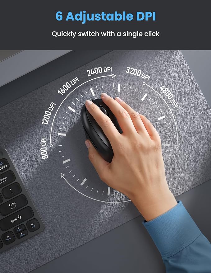 TECKNET Ergonomic Mouse, Bluetooth Wireless Vertical Mouse, Rechargeable Battery, Quiet Clicks, 4800 DPI Adjustable, BT5.0/3.0 & 2.4G Connect, Easy to use, Wide Compatibility - Black