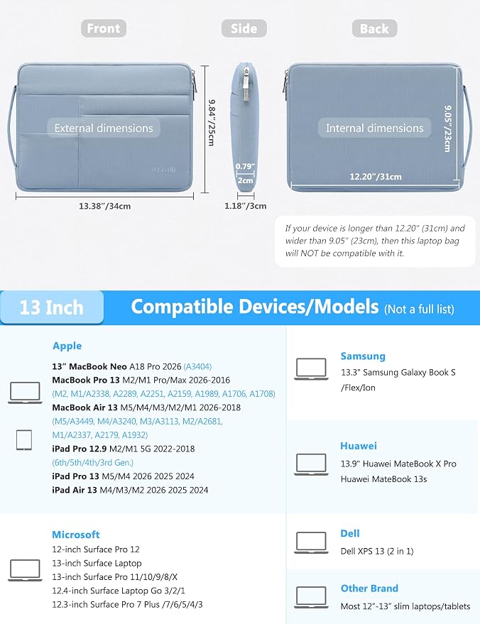 HYZUO 13 Inch Laptop Case Sleeve Bag for MacBook Air 13 M5 A3449 M4 M3 M2 M1 2026-2018, 13" MacBook Neo 2026 A3404, MacBook Pro 13 M2 M1 2026-2016, iPad Air/Pro 13, Surface Pro, XPS 13, Pale Blue