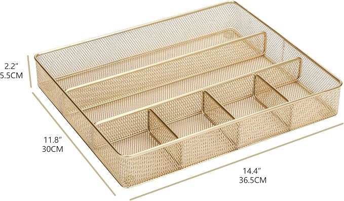 Annova Desk Top Organizer Tray for Office Organization - Metal Mesh - Storage Tray with Dividers for Pens, Desktop Accessories, Bathroom, Kitchen, Makeup and Office Supplies (Large, Gold)