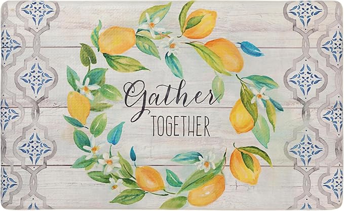 Home Dynamix Cozy Living Lemon Wreath Gather Together Runner Anti-Fatigue Kitchen Mat, Non-Slip Floor Mat, Padded Standing Desk Mat, Grey/Yellow, 17.5"x30"
